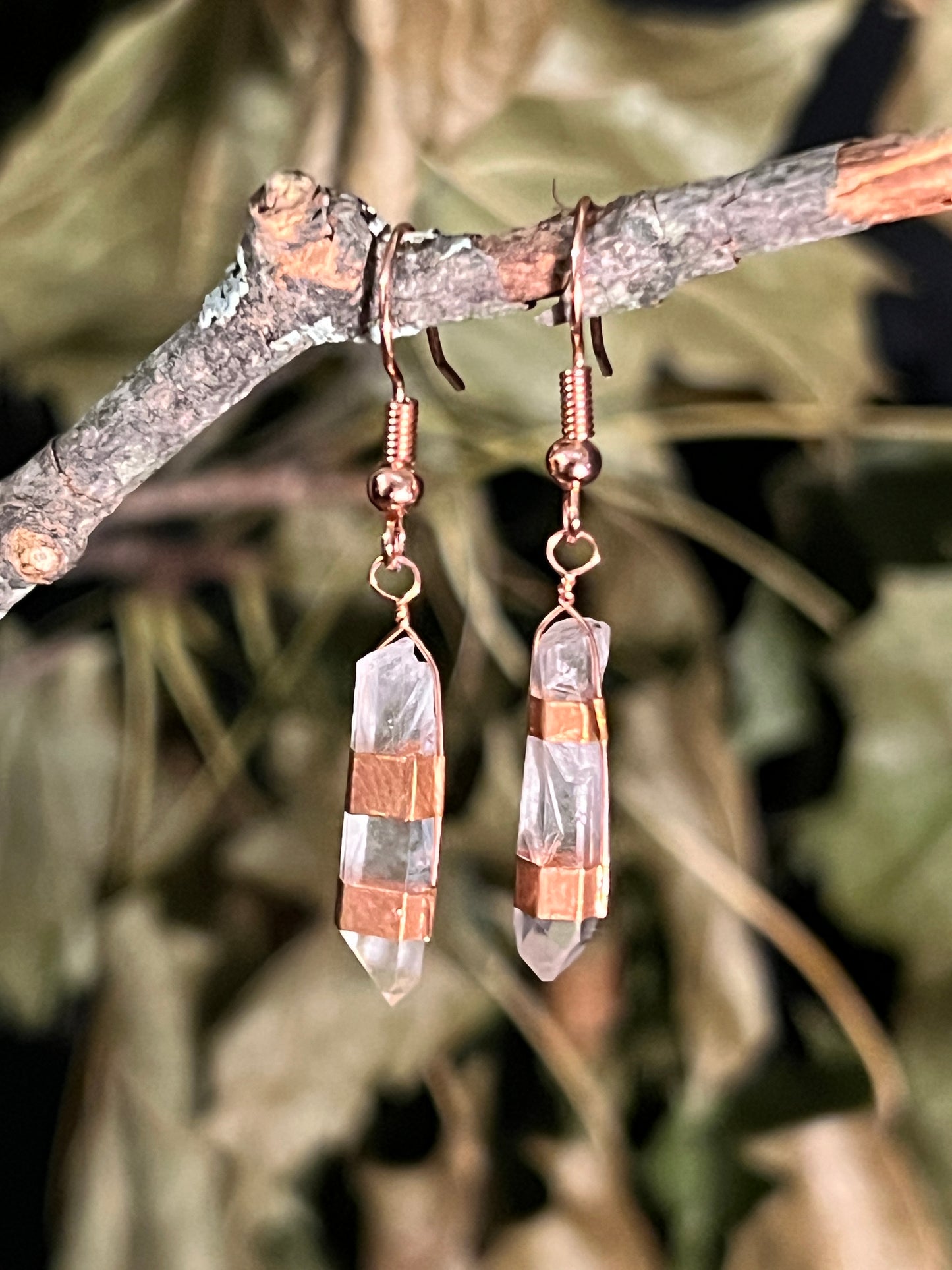 Clear Quartz and Copper Double-Banded Earrings