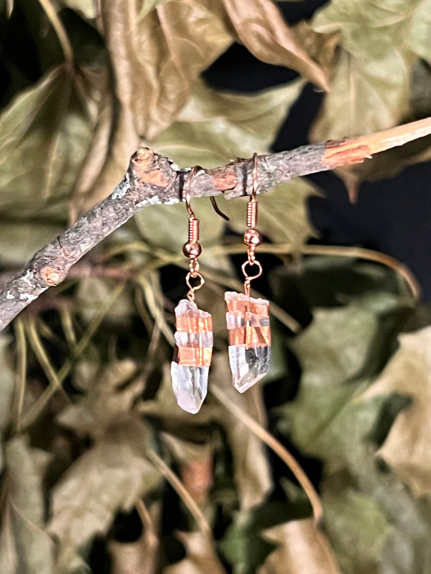Double-Banded Copper and Quartz Drop Earrings
