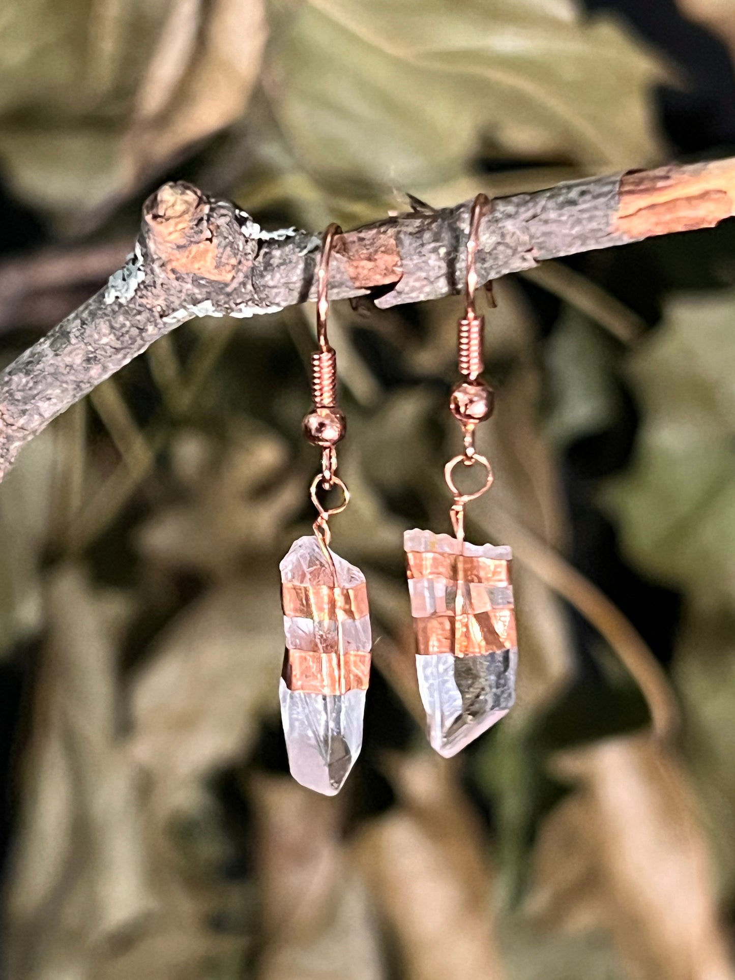 Double-Banded Copper and Quartz Drop Earrings