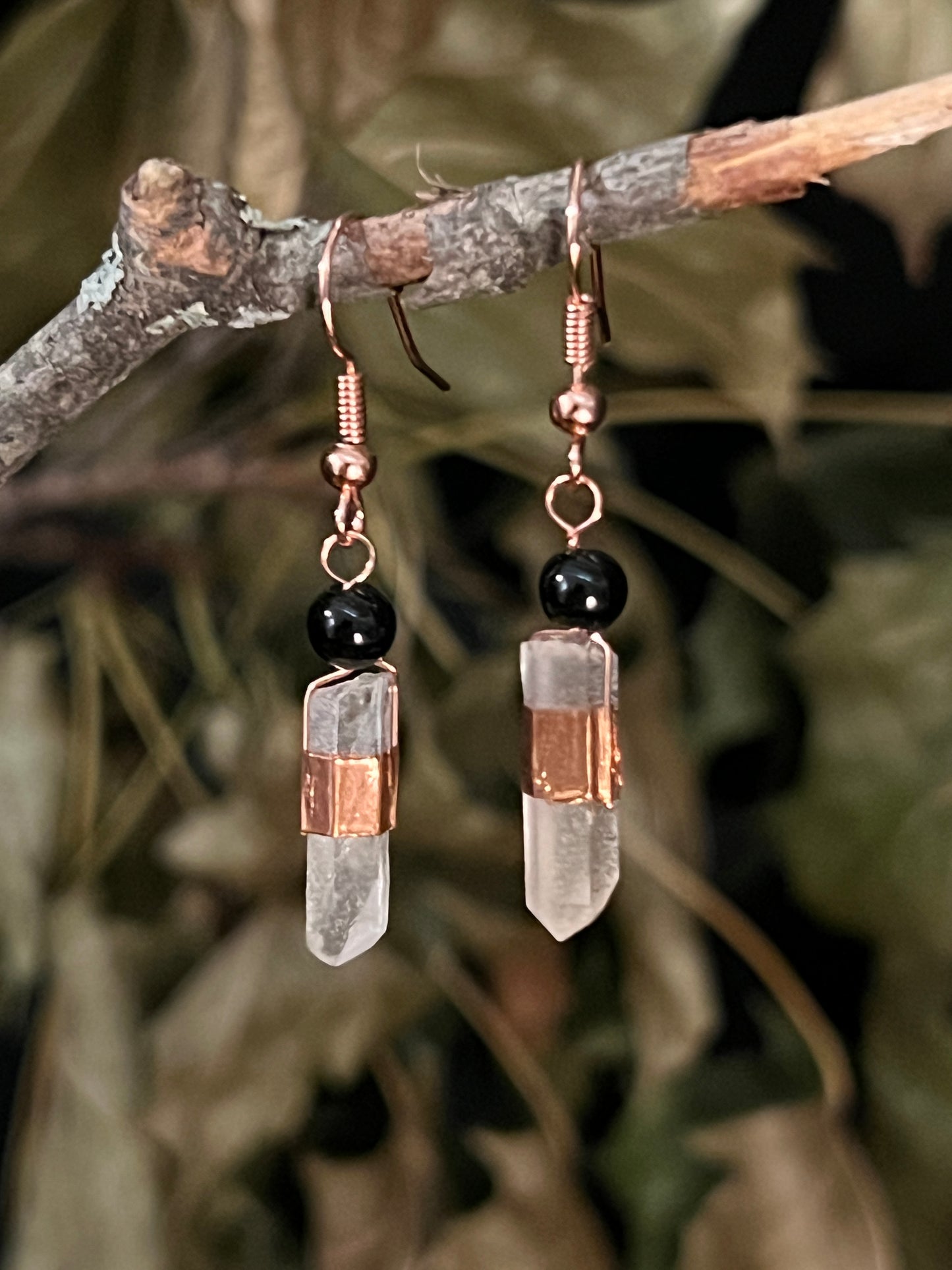 Copper, Quartz and Obsidian Drop Earrings