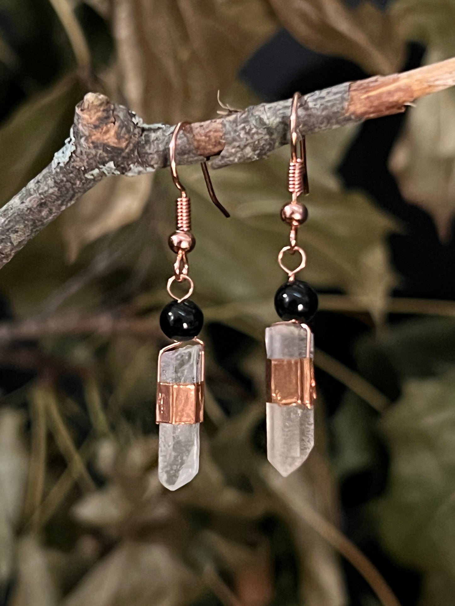 Copper, Quartz and Obsidian Drop Earrings